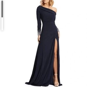 BOGO Mac Duggal Evening 12231D Jewel Cuffed Asymmetrical Long Gown Navy Size 10